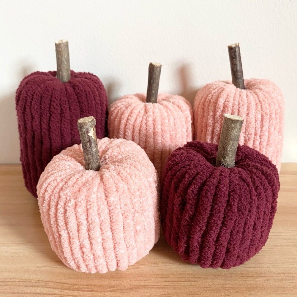 Light Pink & Cranberry Pumpkin Handmade Fall Decor Set of 5